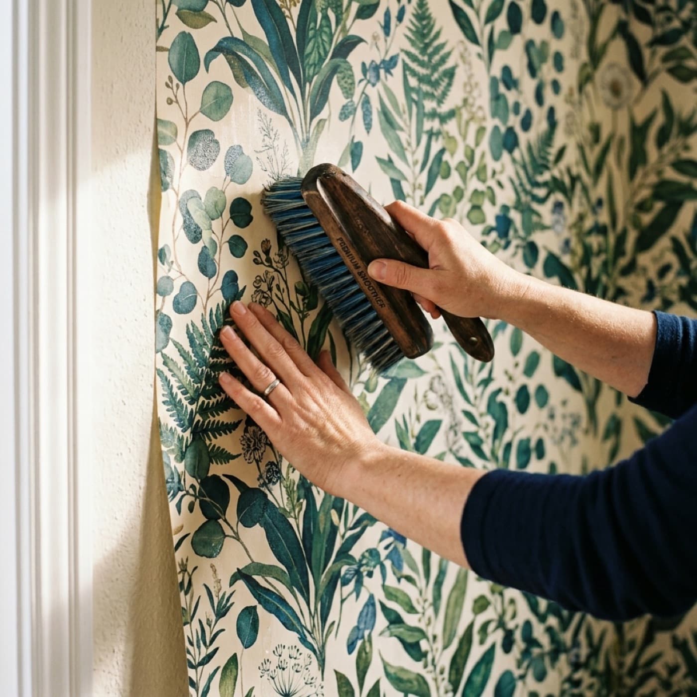 Hands smoothing wallpaper onto a wall
