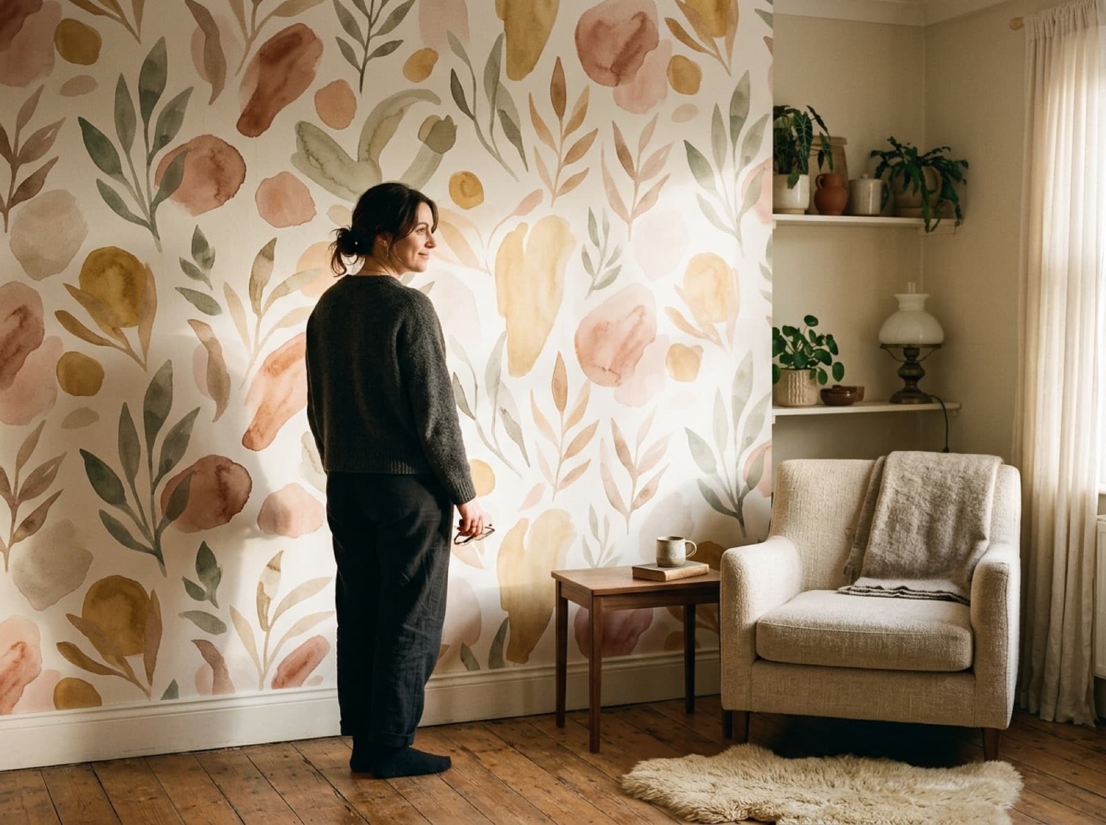 Editorial photograph of a finished feature wall with custom wallpaper, person standing back admiring it