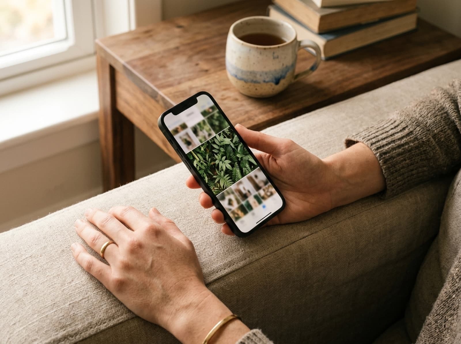 A hand holding a phone with a photo ready to upload, on a soft linen sofa