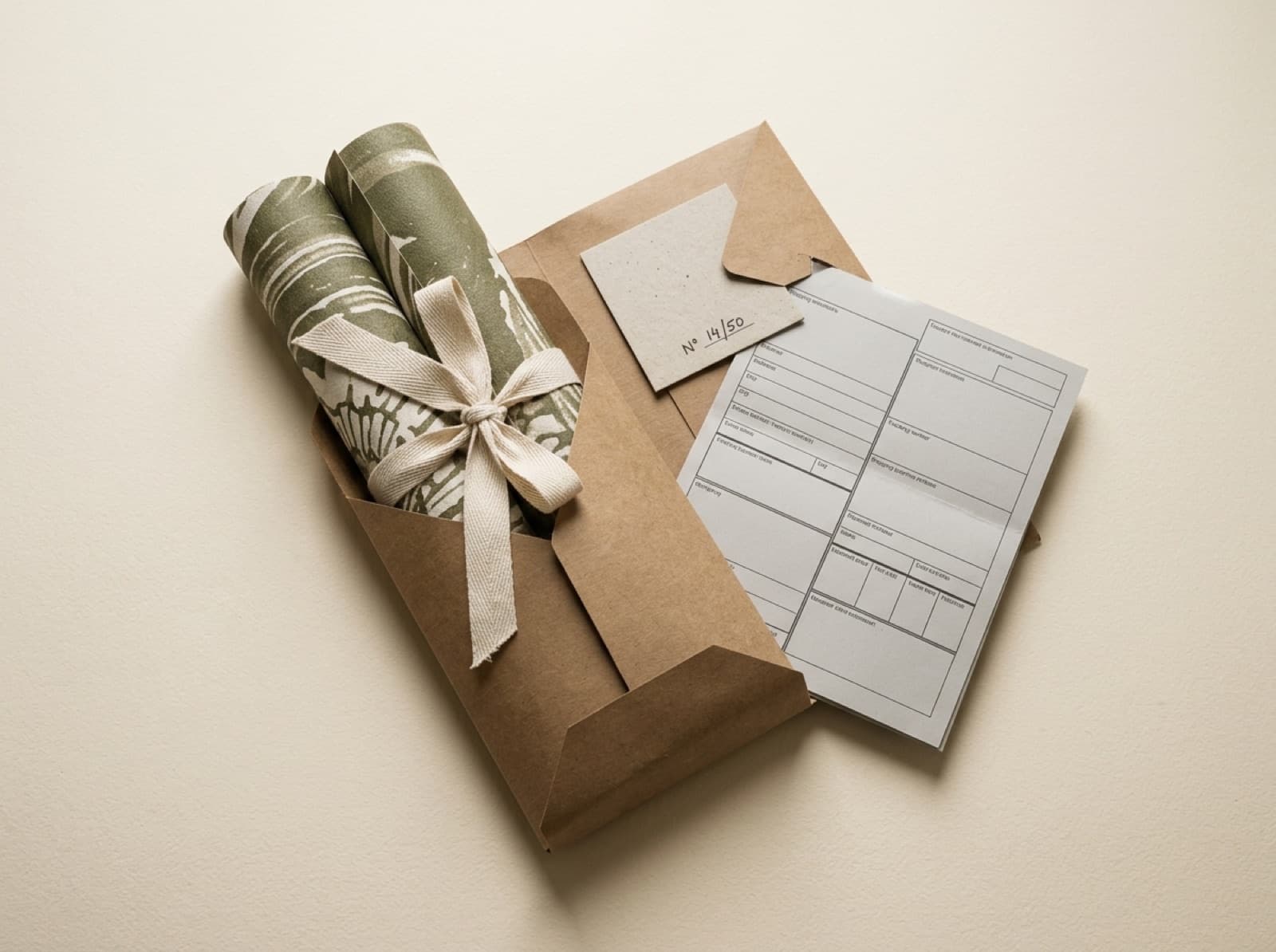 Editorial flat-lay of a PaperWalls package — rolled wallpaper, kraft sleeve, care card