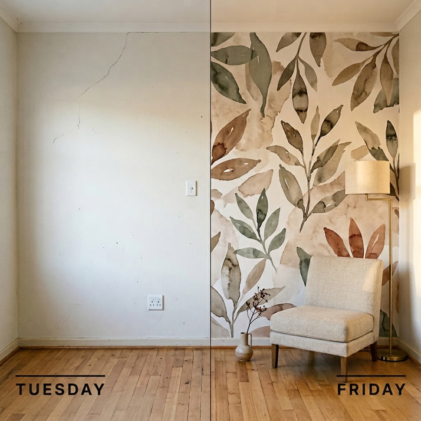 Same wall before and after, plain rental wall transformed by custom wallpaper