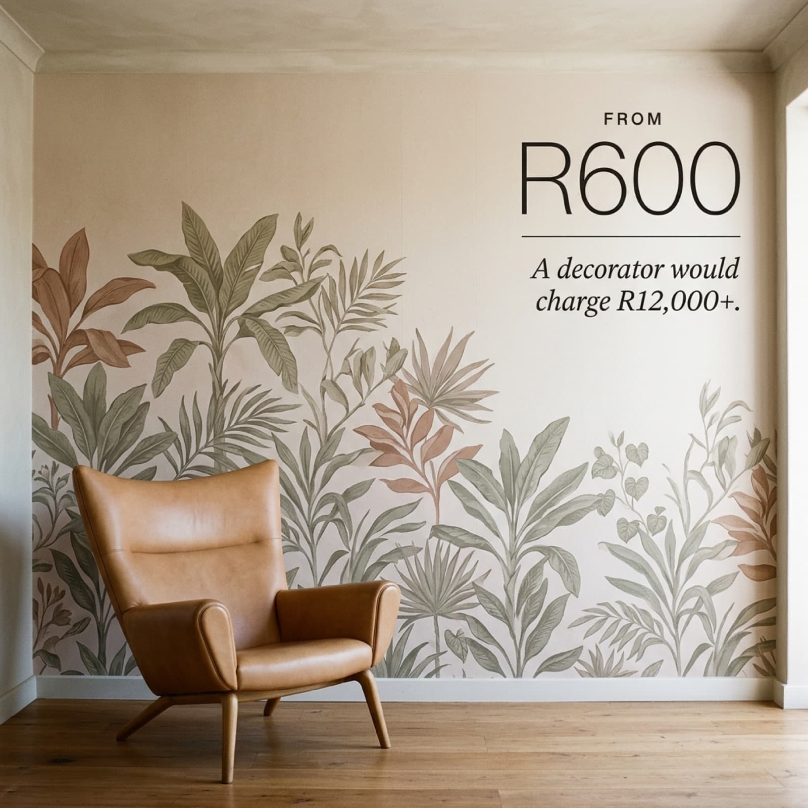 Finished feature wall with overlay anchoring price against a decorator's quote