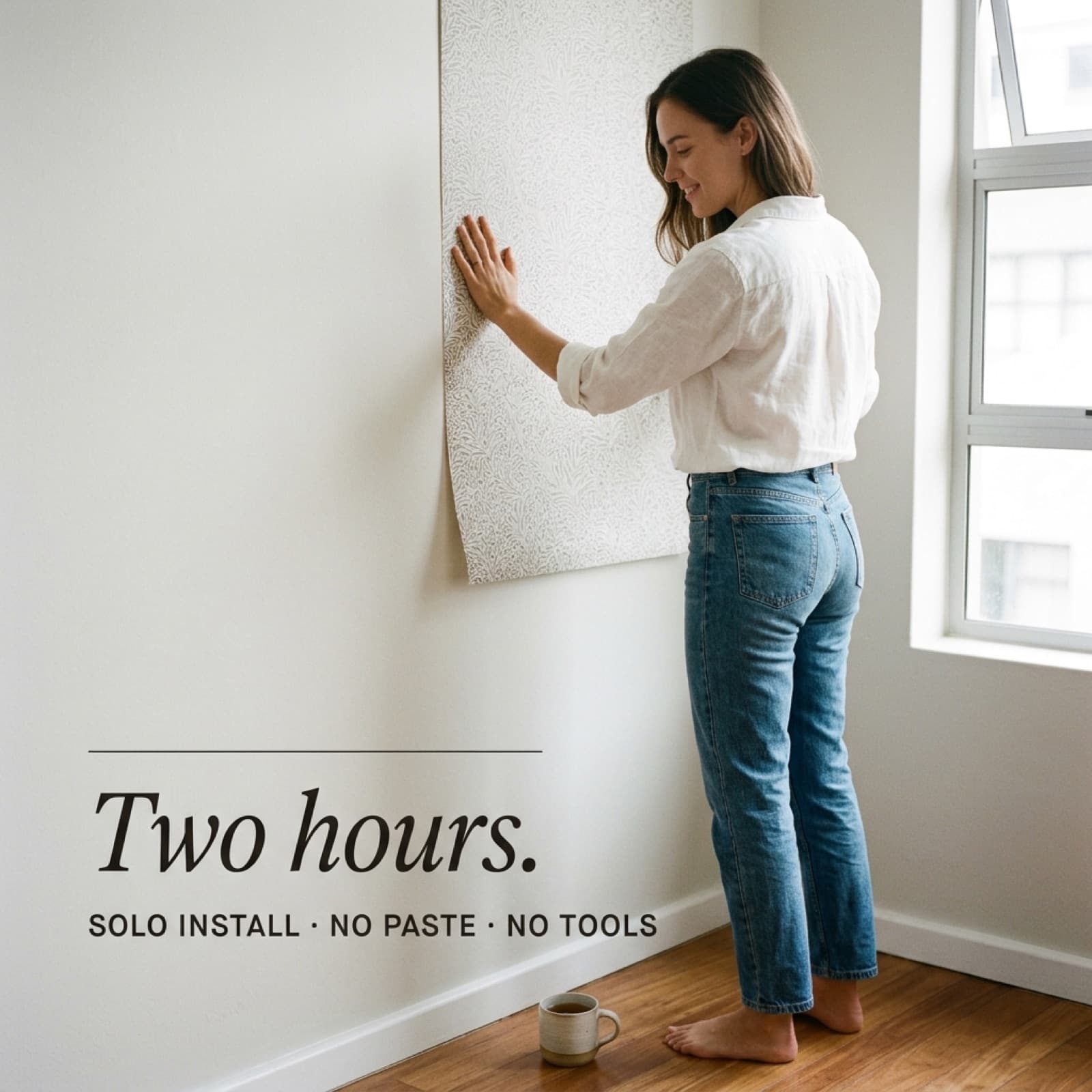 One person installing wallpaper solo in two hours with overlay copy