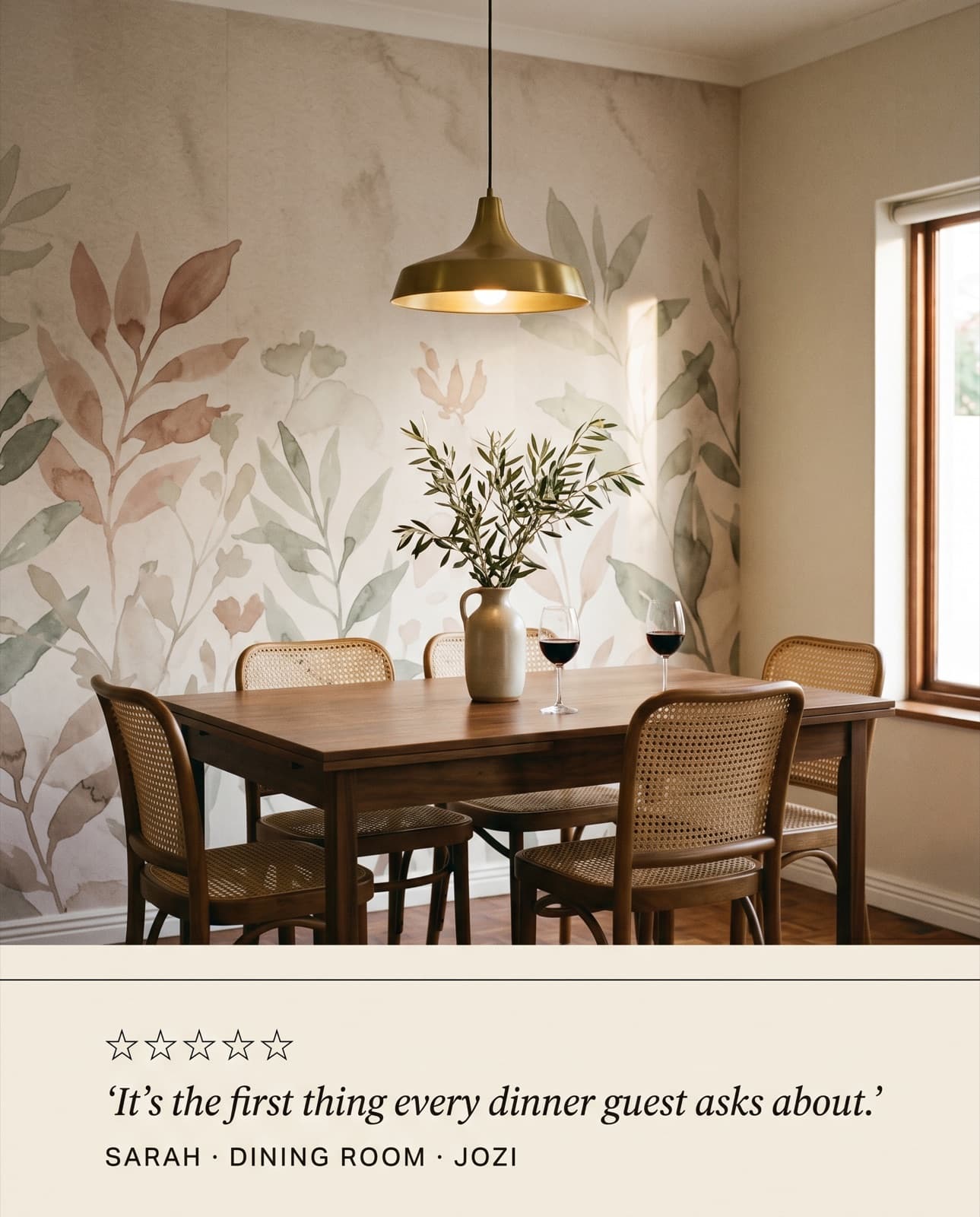 Dining room with custom watercolour wallpaper as a feature wall