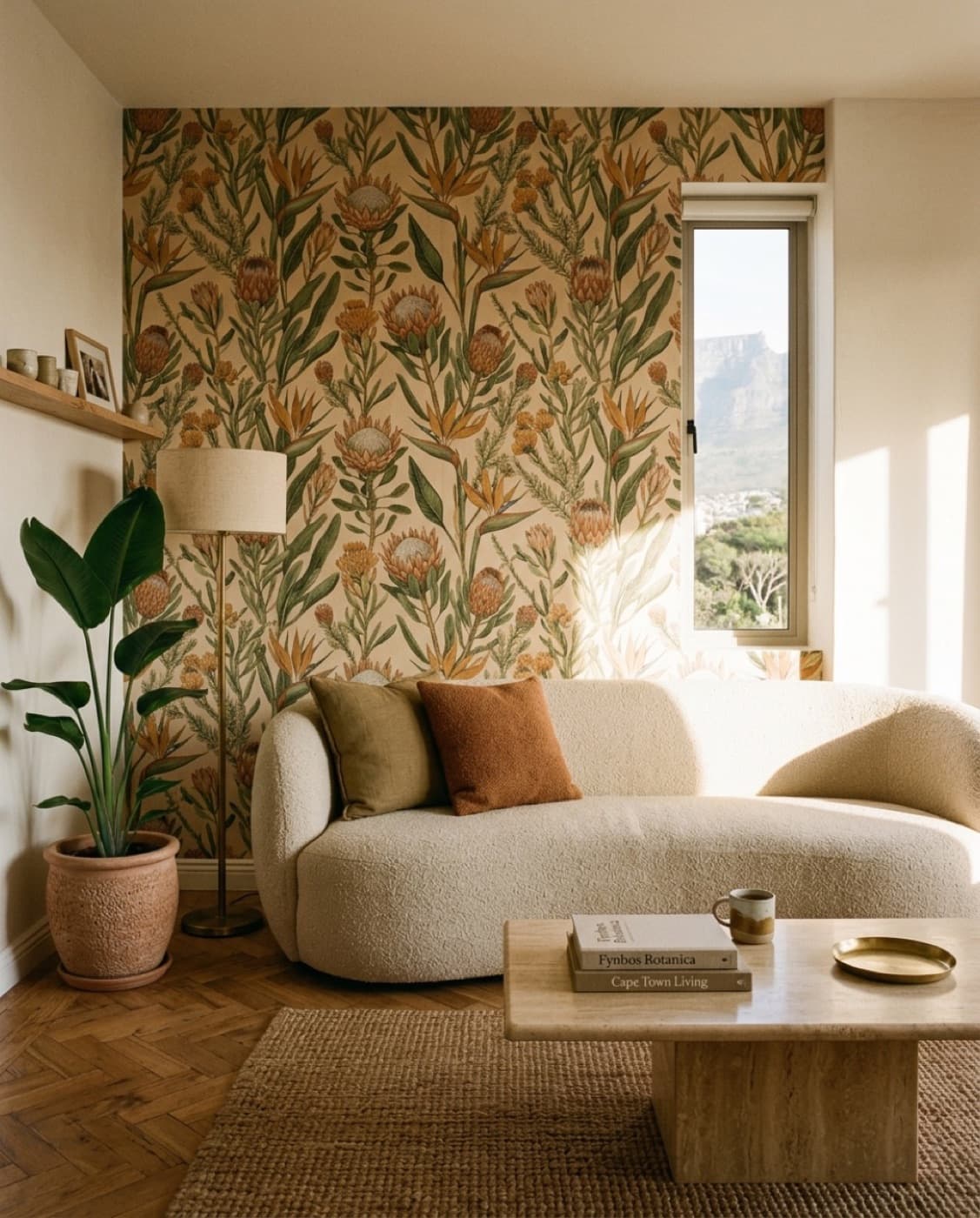 Editorial Cape Town living room with botanical custom-printed wallpaper as feature wall behind an oat-bouclé sofa, warm afternoon light from a tall window, brass floor lamp, travertine coffee table with linen books, oak herringbone floors, white-washed plaster walls. Apartmento × Aesop × Kinfolk warmth. Photorealistic, no people.