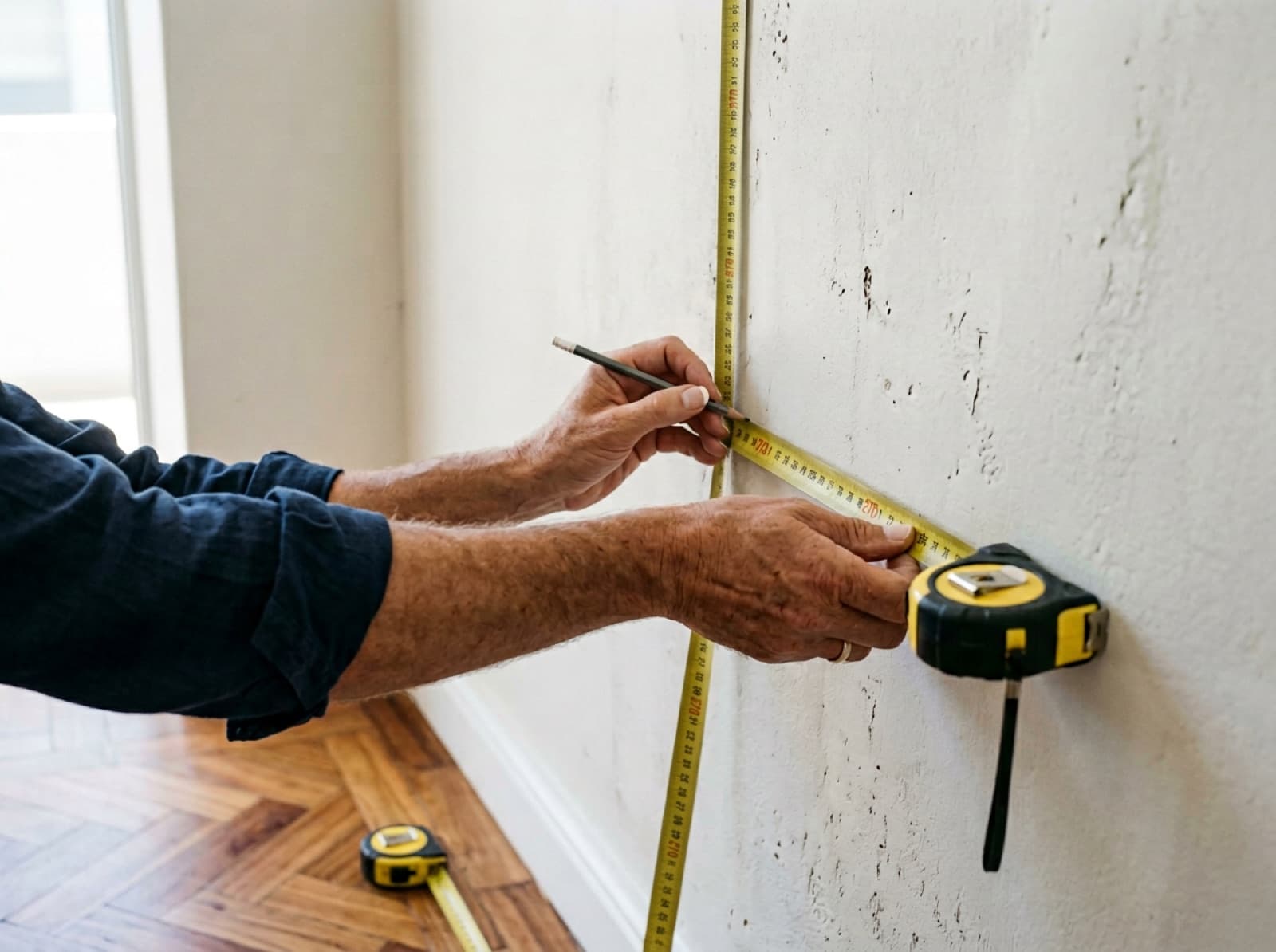 A hand pulling a tape measure across a plain off-white wall, marking it lightly