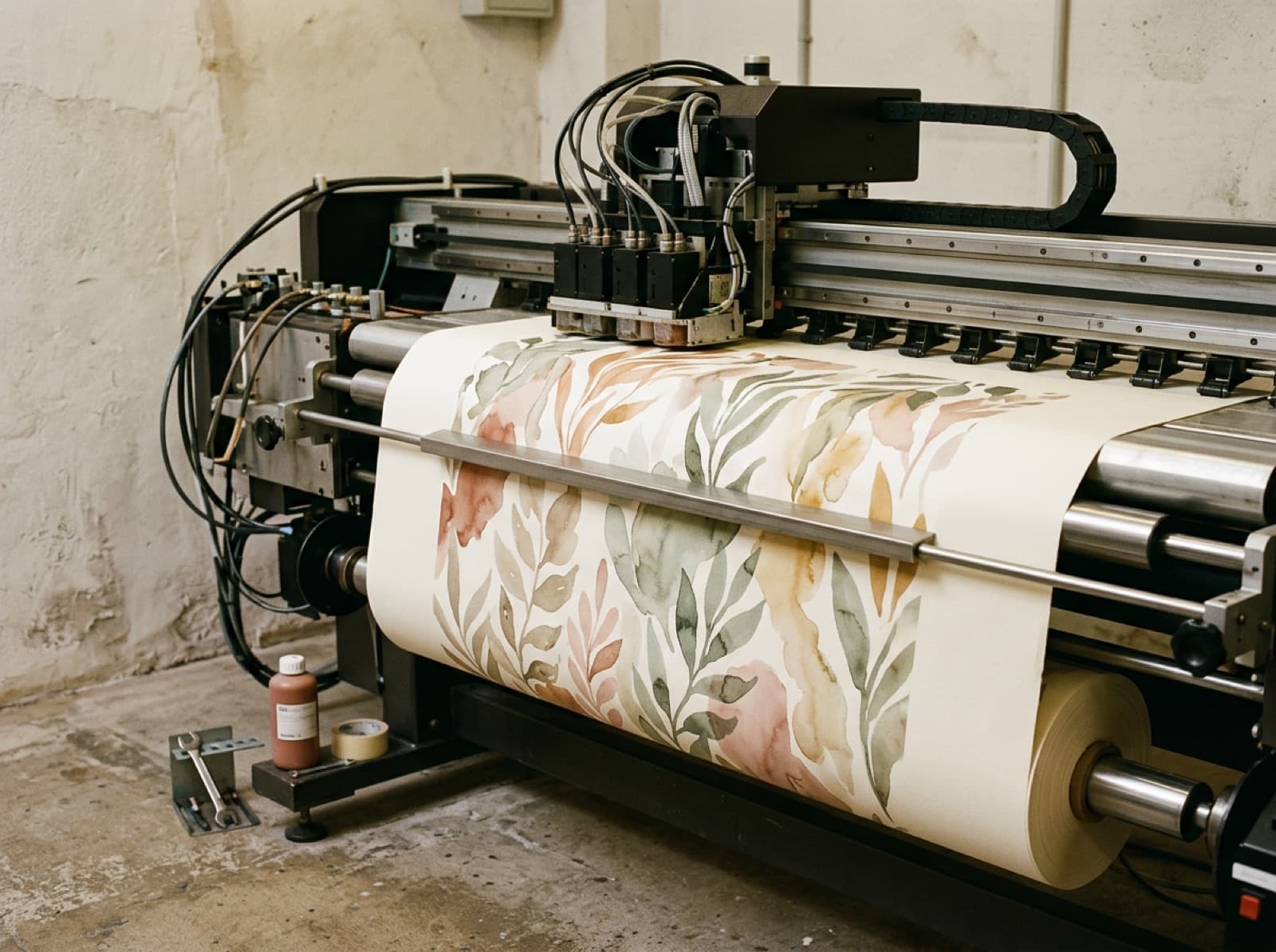 Wide-format print press in mid-run, custom wallpaper emerging from the rollers