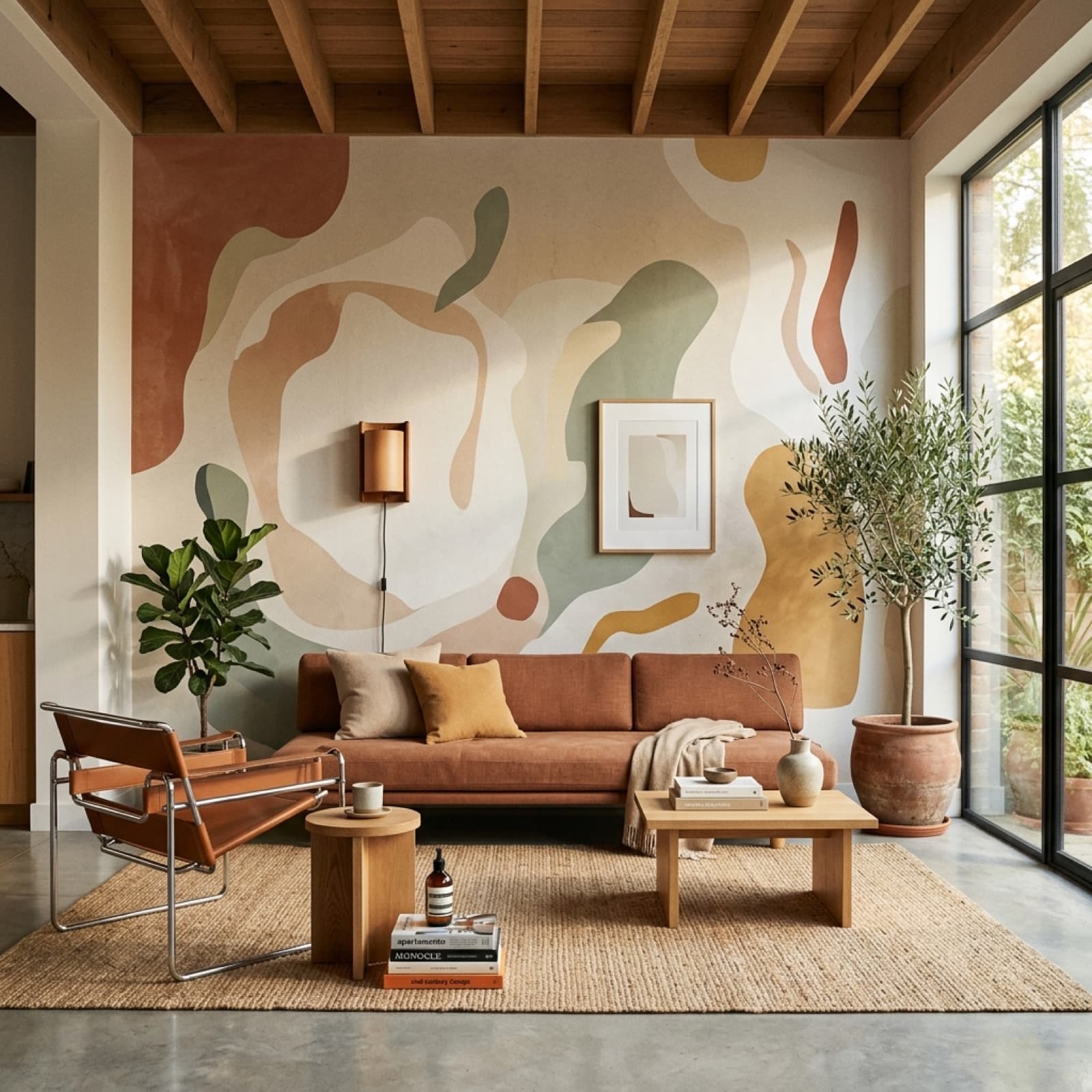Custom-printed wallpaper as a feature wall in a sunlit living room