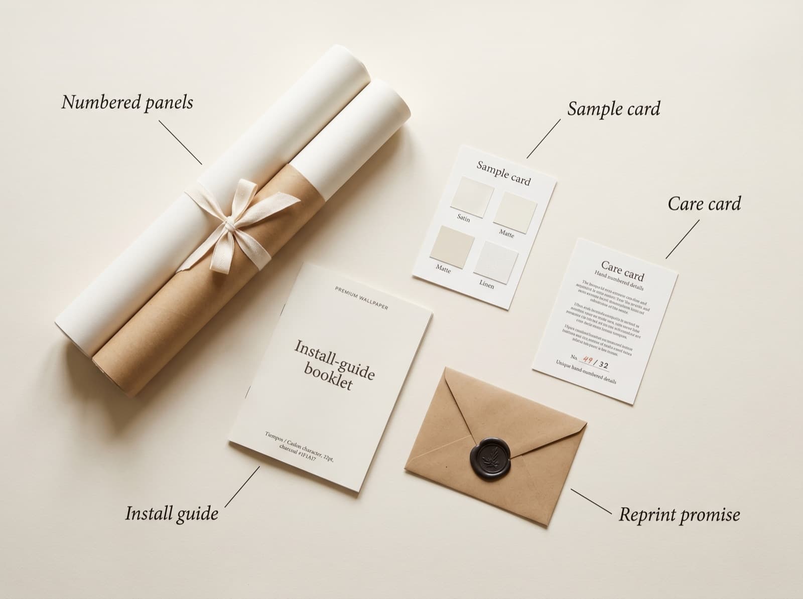 Flat-lay of unboxed PaperWalls contents with each item labelled
